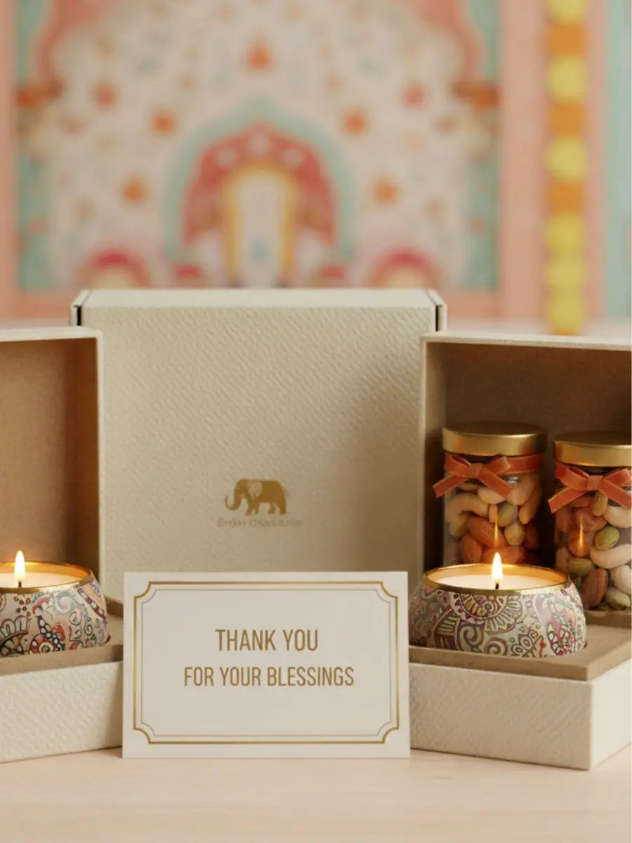 Wedding Return Gifts for Bride / Groom Guests Hamper with Dry Fruits, Candles