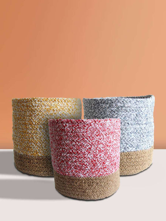 Eco-friendly Rose Pink, Mustard Yellow & Pebble Grey Cotton Planters - Medium (Set of 3)