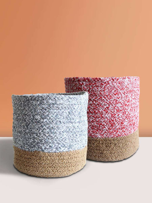 Eco-friendly Rose Pink & Pebble Grey Cotton Planters - Medium (Set of 2)