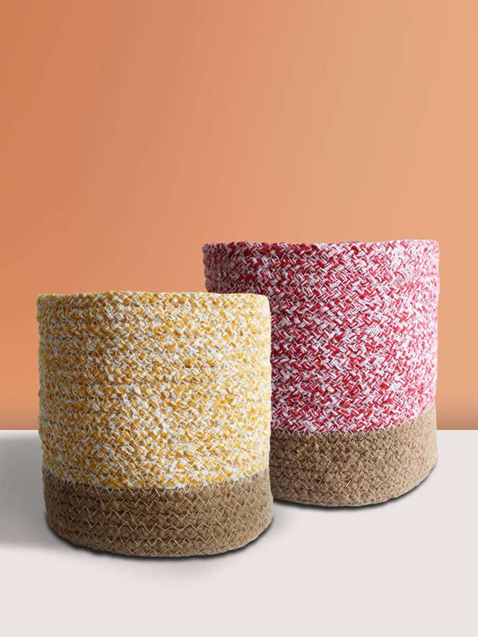 Eco-friendly Rose Pink & Mustard Yellow Cotton Planters - Medium (Set of 2)