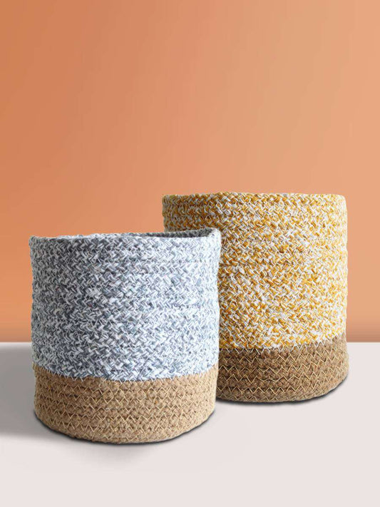 Eco-friendly Mustard Yellow & Pebble Grey Cotton Planters - Medium (Set of 2)