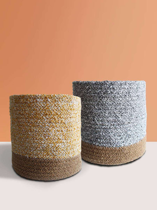 Eco-friendly Mustard Yellow & Pebble Grey Cotton Planters - Large (Set of 2)