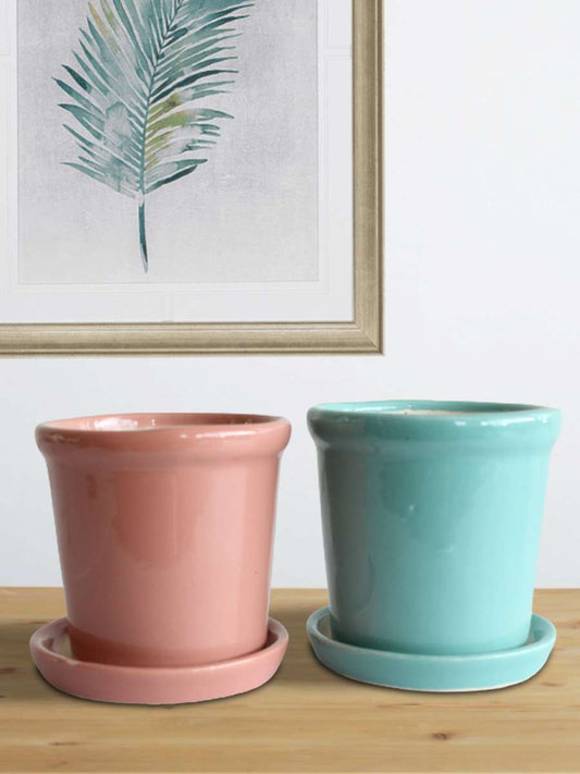 Elementary Pink & Green Ceramic Planters with Trays (Set of 2)