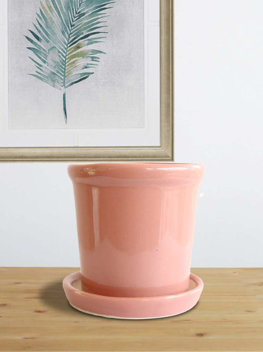 Elementary Salmon Pink Ceramic Planter with Tray