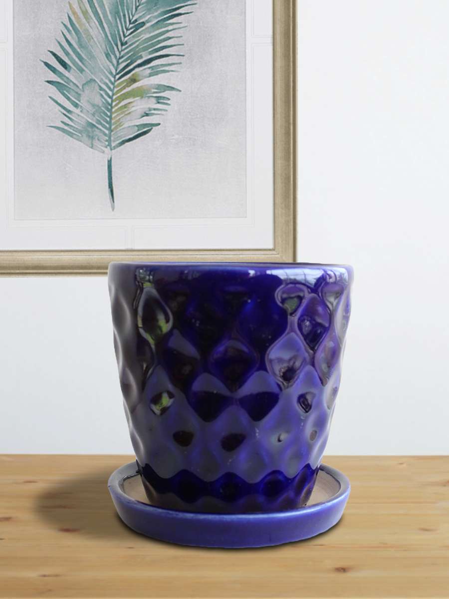 Hawaiian Navy Blue Ceramic Planter with Tray