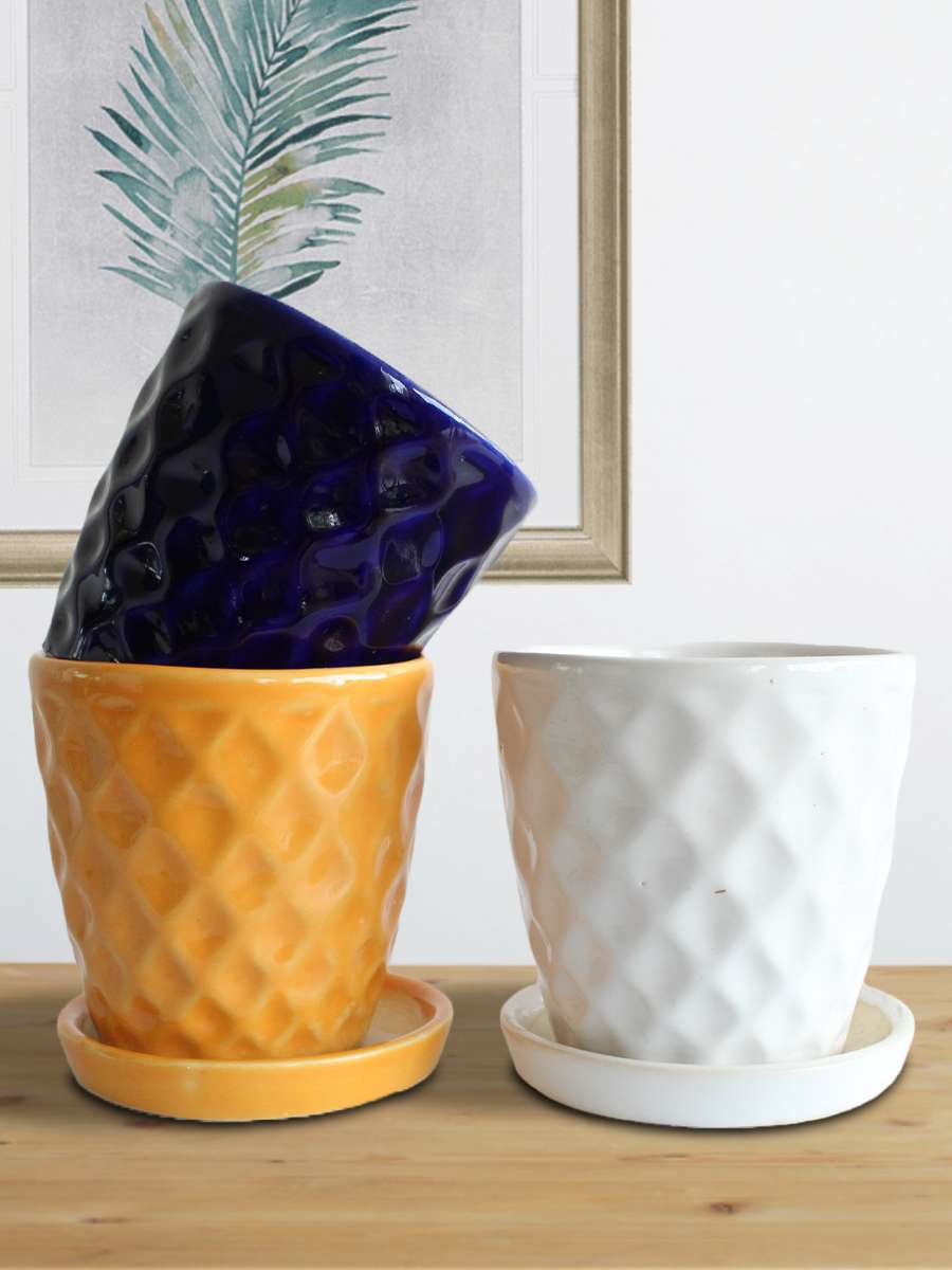 Hawaiian Yellow, White & Blue Ceramic Planters with Trays (Set of 3)