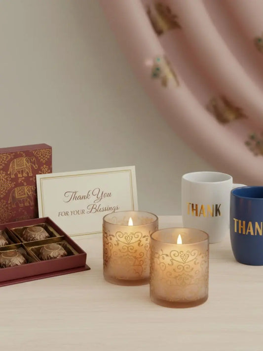 Wedding Return Gifts for Bride / Groom Guests Hamper with Chocolates, Candles, Mugs