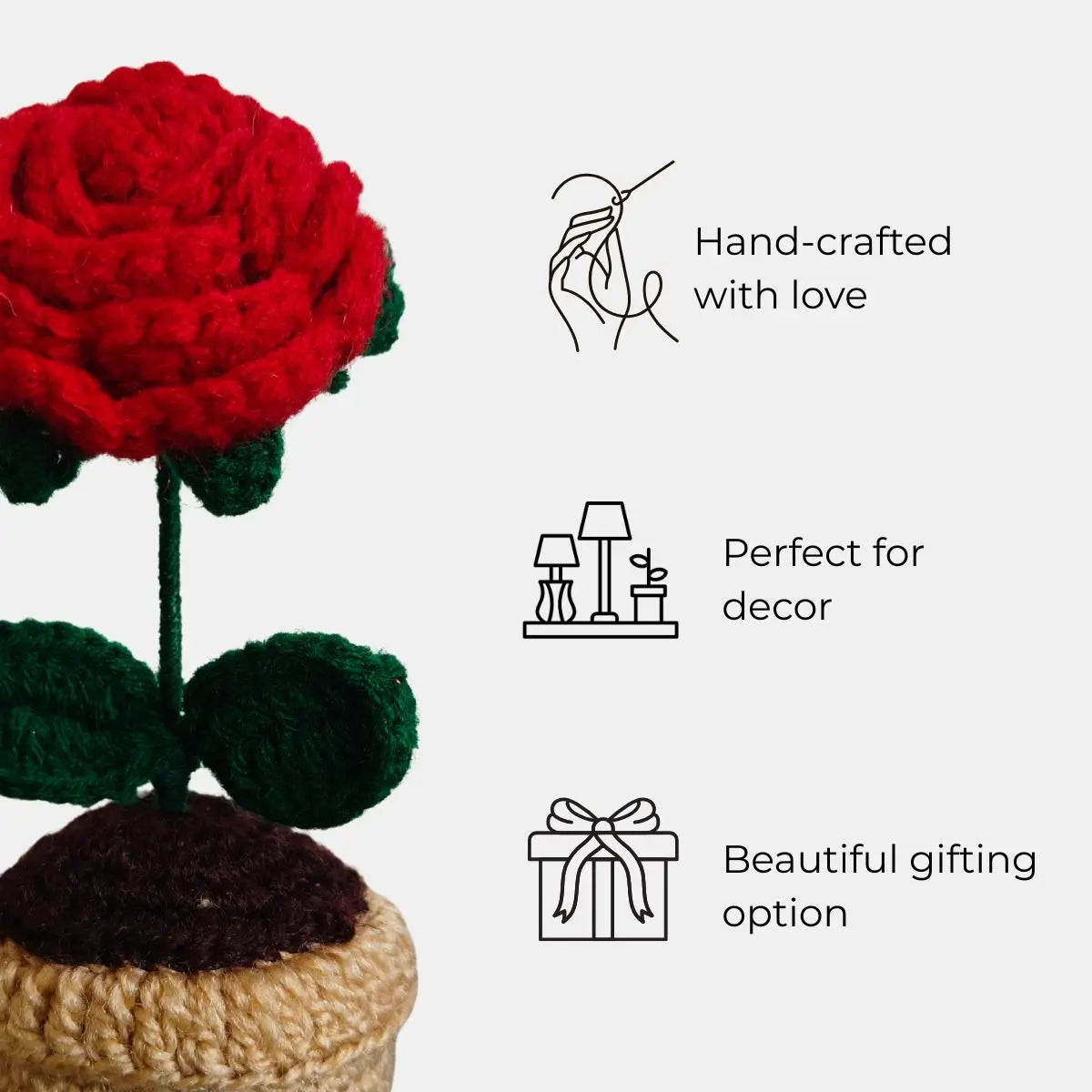 Greenkin Handmade Crochet Flower with Pot - Red Rose