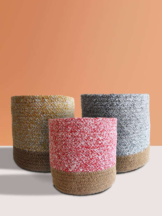 Eco-friendly Rose Pink, Mustard Yellow & Pebble Grey Cotton Planters - Large (Set of 3)