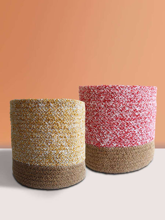 Eco-friendly Rose Pink & Mustard Yellow Cotton Planters - Large (Set of 2)