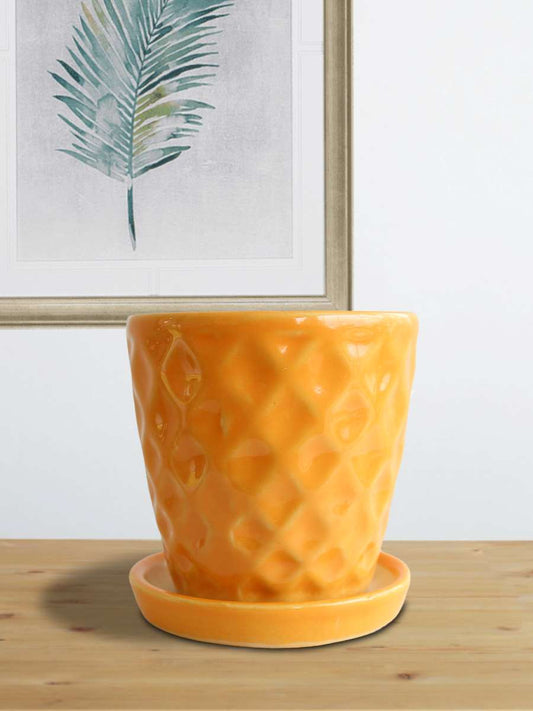 Hawaiian Amber Yellow Ceramic Planter with Tray