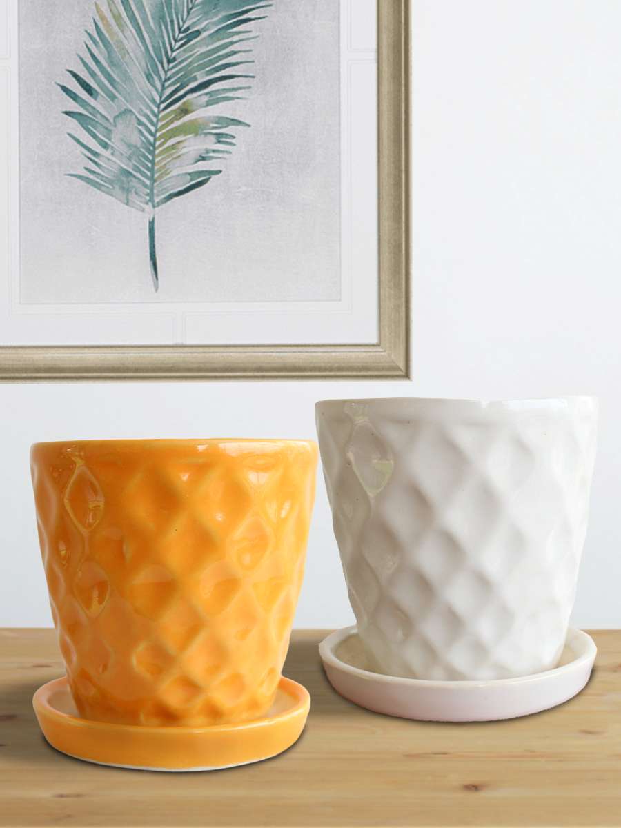 Hawaiian Yellow & White Ceramic Planters with Trays (Set of 2)