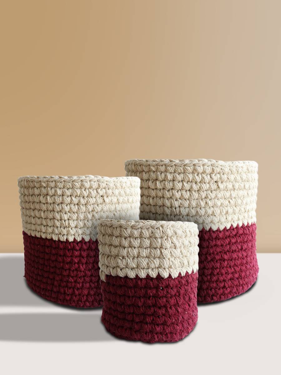 Eco-friendly Maroon & Cream Flair Knitted Planter - Medium, Large & X-Large (Set of 3)